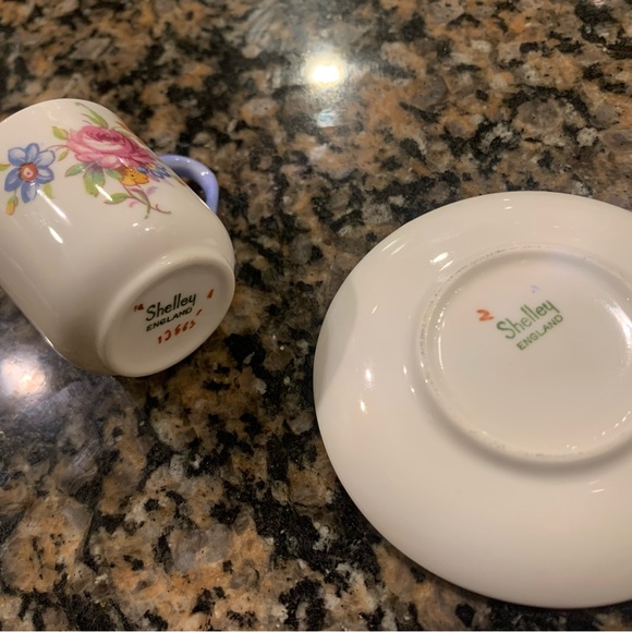 Miniature Shelley England Tea Cup and Saucer Rose Floral with Blue Trim - Picture 10 of 10